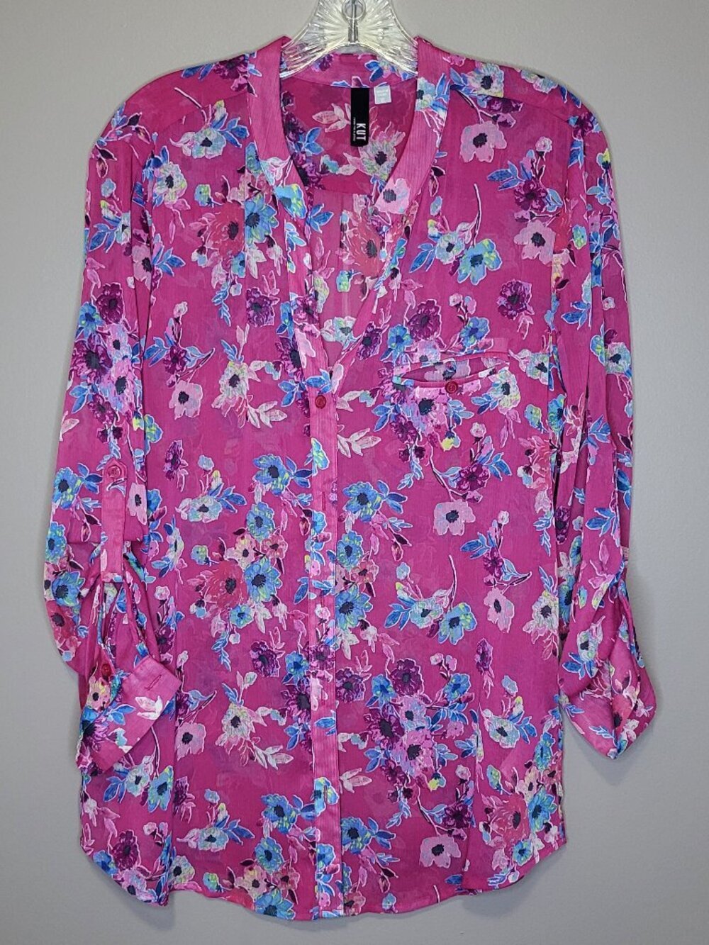 KUT From the Kloth Pink Floral Roll Tab Blouse XL Lightweight Button Front Top